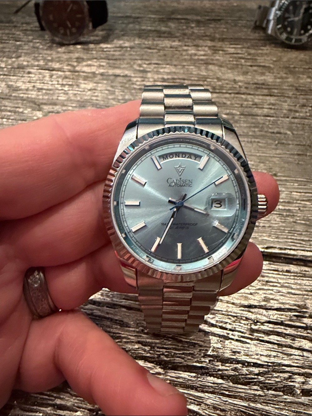Cadisen Men's Automatic Stainless Steel Watch with  Ice Blue Dial exhibition bck